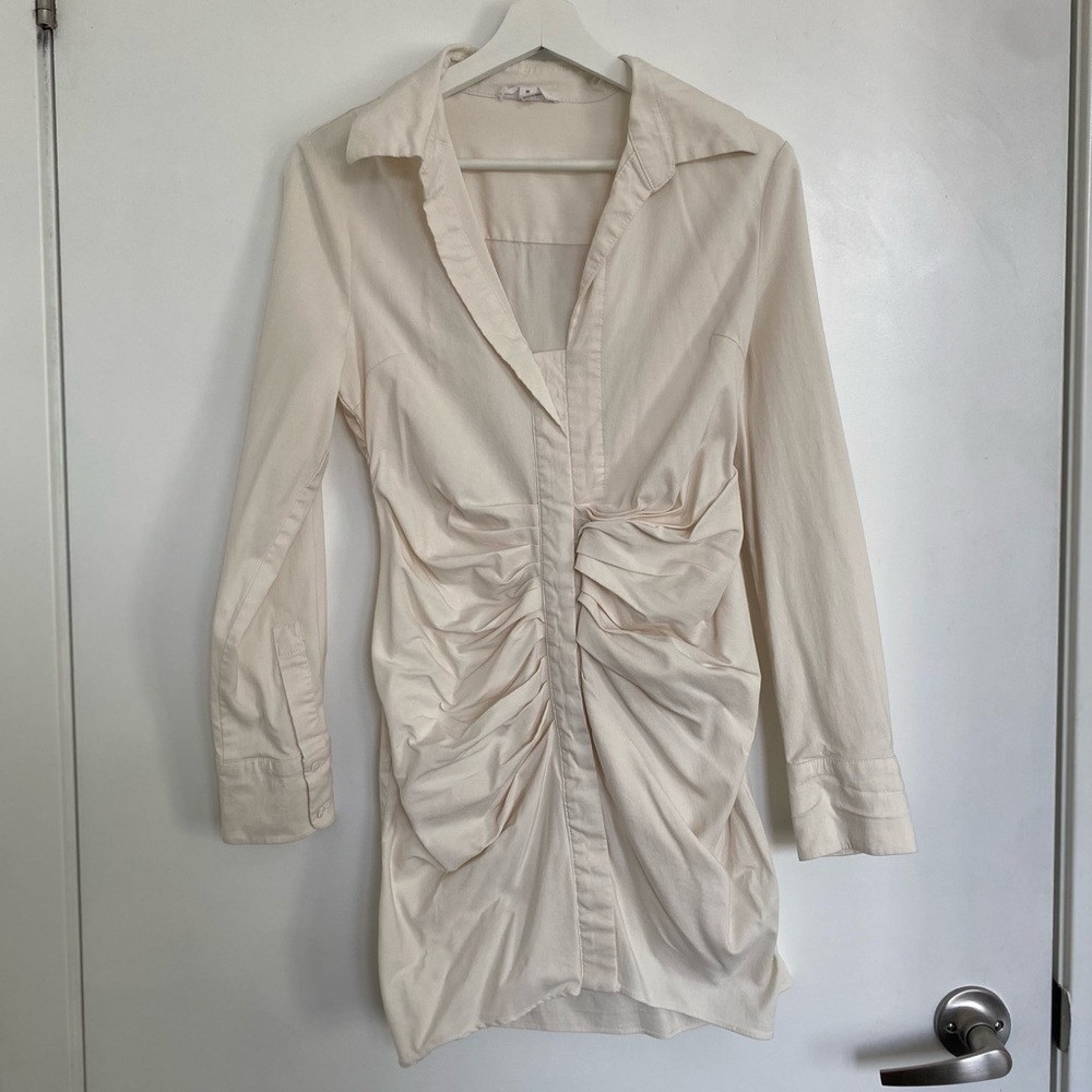 GREY LAB Los Angeles White Long Sleeve Ruched Stretch Mini Dress—Size Medium